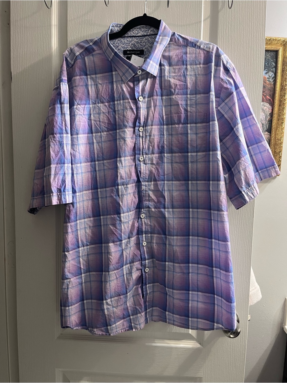 BUGATCHI Men's 3XL Classic Fit Plaid Button-Up Shirt Short Sleeve Purple Blue